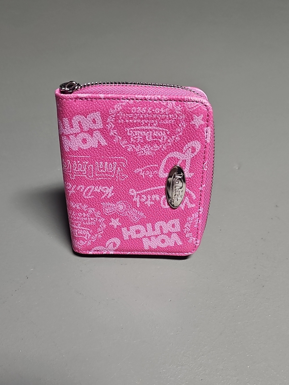 Von Dutch Logo Stamps Zip-Up Wallet Pink All-over Multi Logo NWOT
